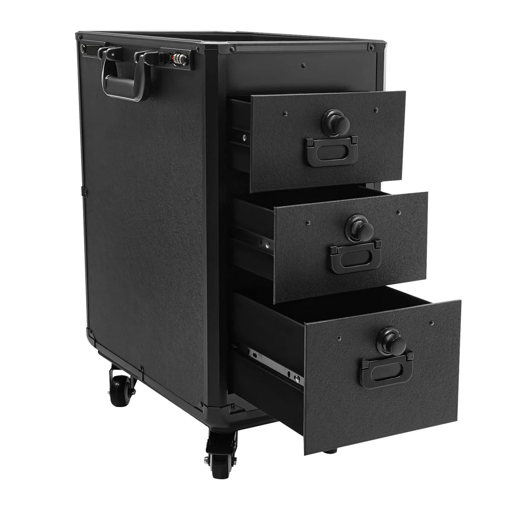 Rolling Makeup Case with 3 Drawers, Black Hand-pulled Suitcase with 4 Universal Wheels and Combination Lock for Tattoo,Manicure